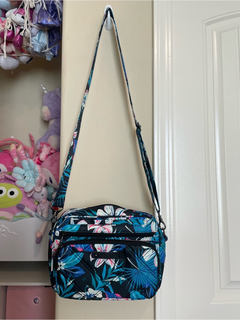 lug Teal Floral Crossbody Bag with Pink & White Accents
